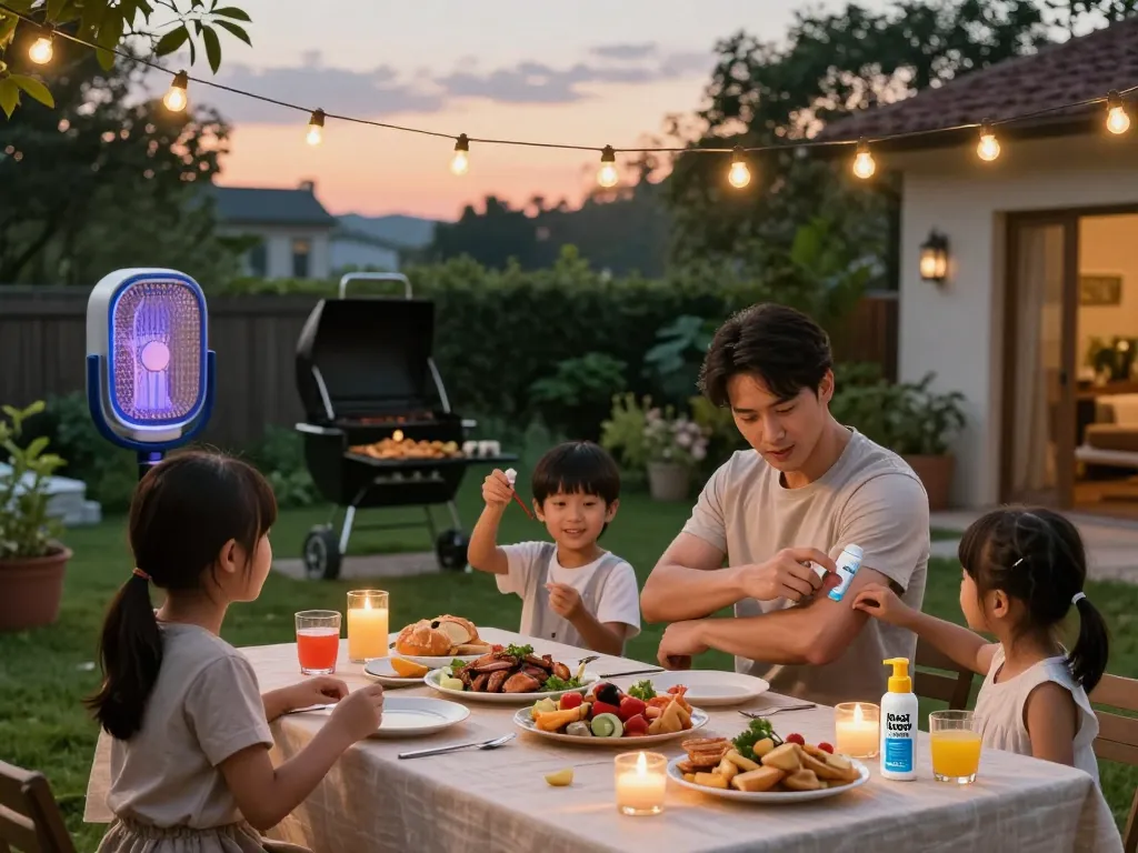 Family enjoying an outdoor barbecue while using the Best Mosquito Repellent for protection against mosquitoes.