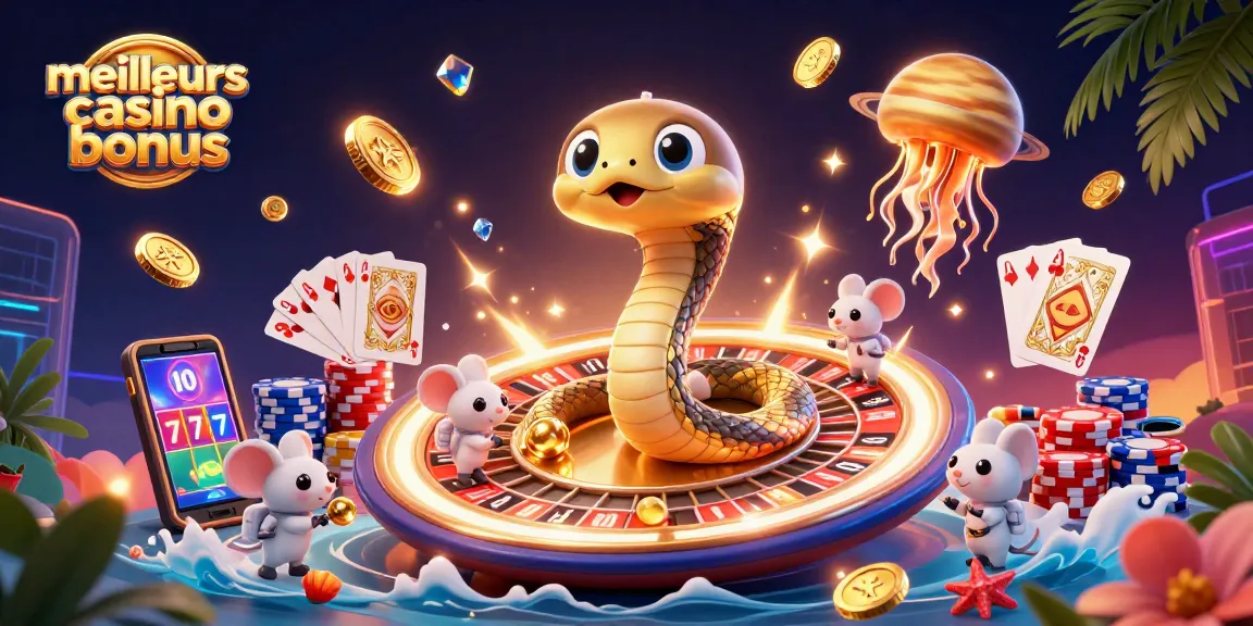 Les meilleurs bonus de casino, illustration dynamique avec un serpent de Saturne comme roulette et des astronautes joueurs.