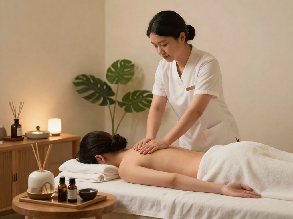 Calm 김포출장마사지 session in a tranquil spa setting with warm lighting.