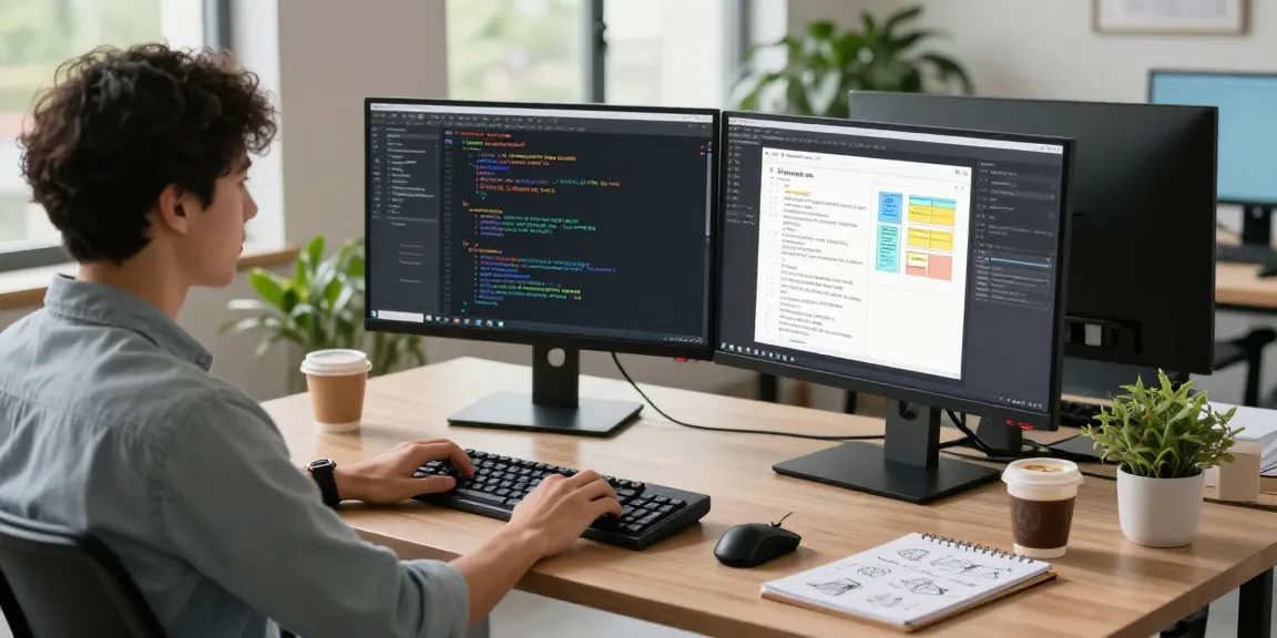Efficient workspace showcasing 截图工具 in action, with a developer coding on dual monitors surrounded by a modern office environment.