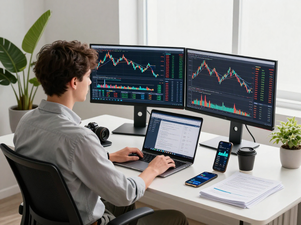 TradingView charts displayed on dual monitors in a modern office trading setup.