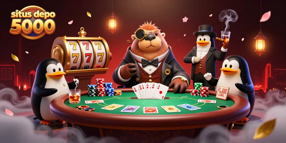 Mainkan situs depo 5000 dengan walrus ceria dan dealer penguin di meja poker penuh aksi.