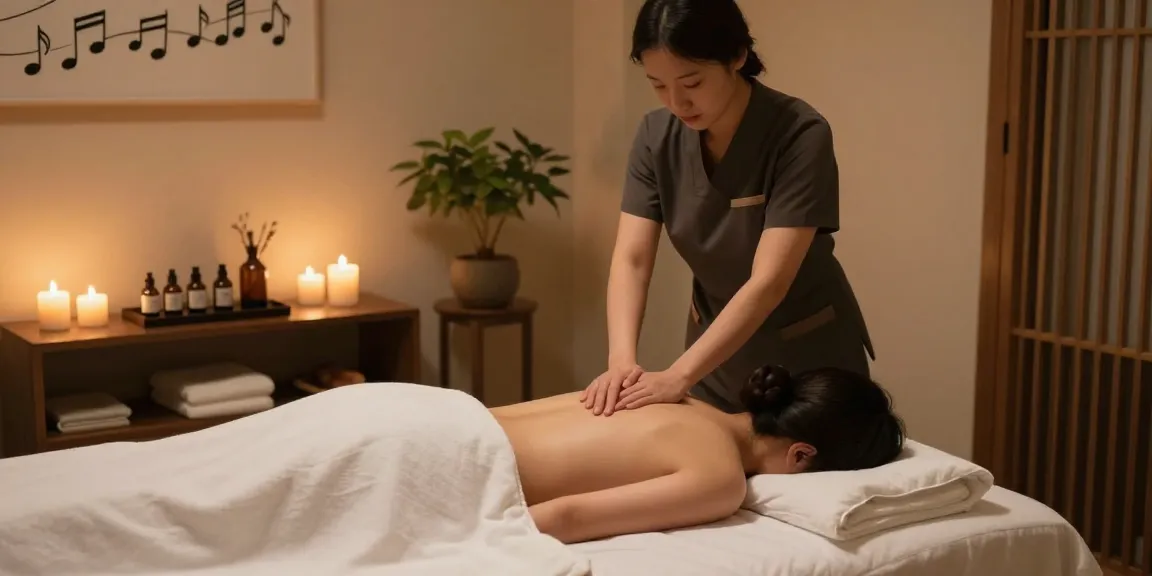Relaxing 서울출장안마 in serene spa room with candles and plants.