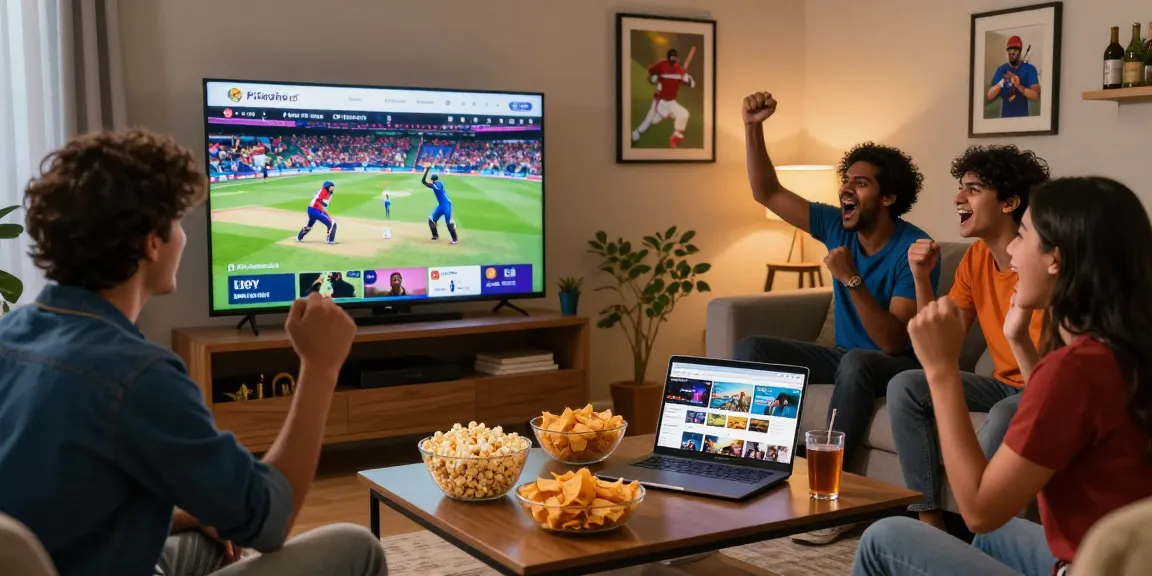 Pikashow app used for watching IPL cricket in a cozy living room with friends, celebrating the game.