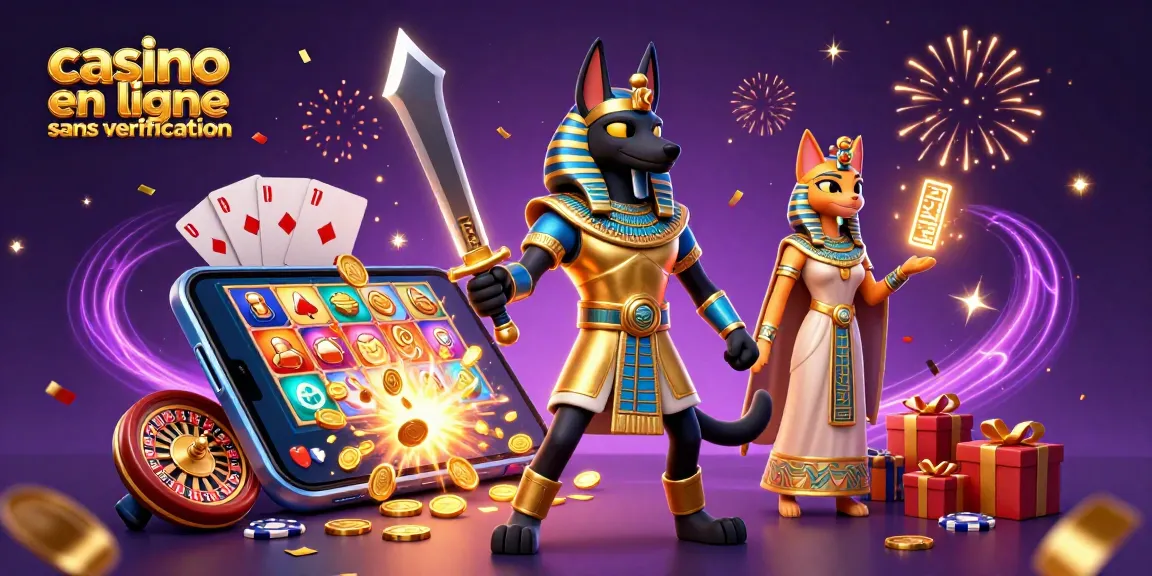 Illustration dynamique de casino en ligne sans vérification avec Anubis et Bastet entourés de jeux populaires.