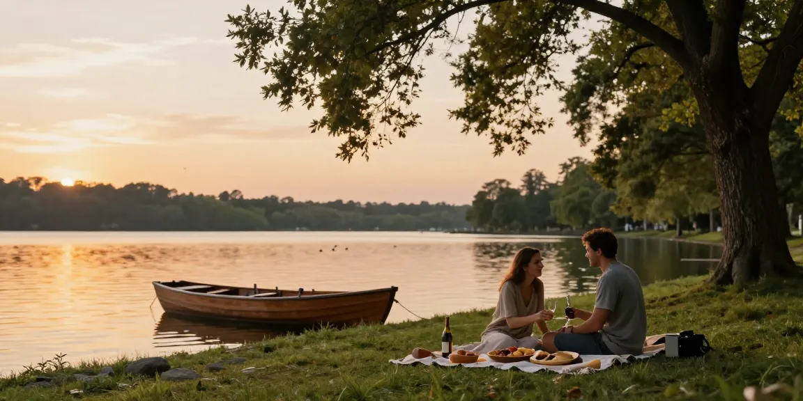 Couple enjoying a romantic lakeside picnic at sunset, embodying relaxation and intimacy, hornyleak.