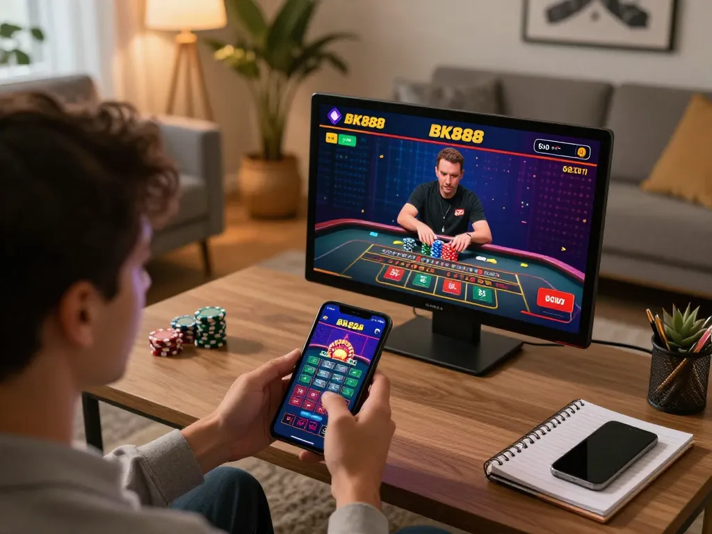 Player engaging with the BK888 casino app on mobile, focused on live roulette gaming in a stylish living room.
