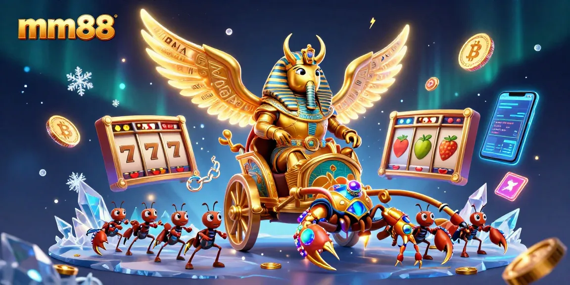 Experience thrilling mm88 gameplay with 3D golden scarab and scorpions in a vibrant casino scene.