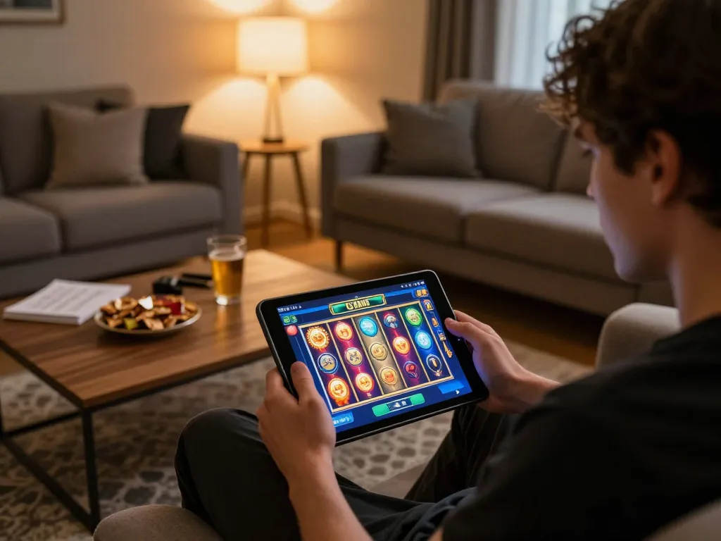 Engaging in garuda slot gameplay on a tablet at home, showcasing a cozy gaming environment