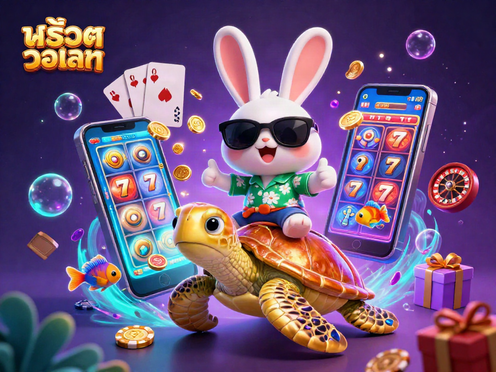 Spin the reels with สล็อตวอเลท as an adorable rabbit and sea turtle join the fun in a vibrant casino scene.
