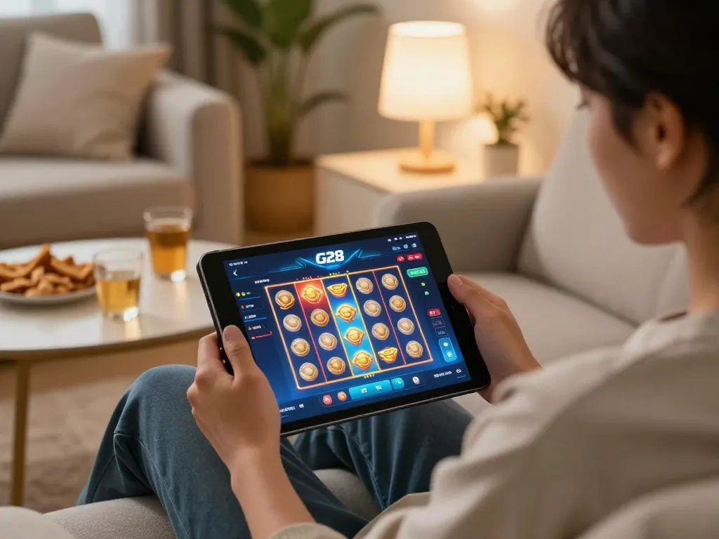 G28 gaming enthusiast enjoying an online slot game on a cozy couch environment.