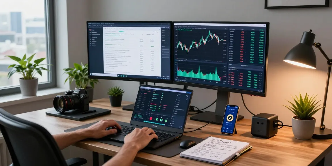 Workspace displaying bitcoin mining contract analysis and cryptocurrency charts in a modern home office.