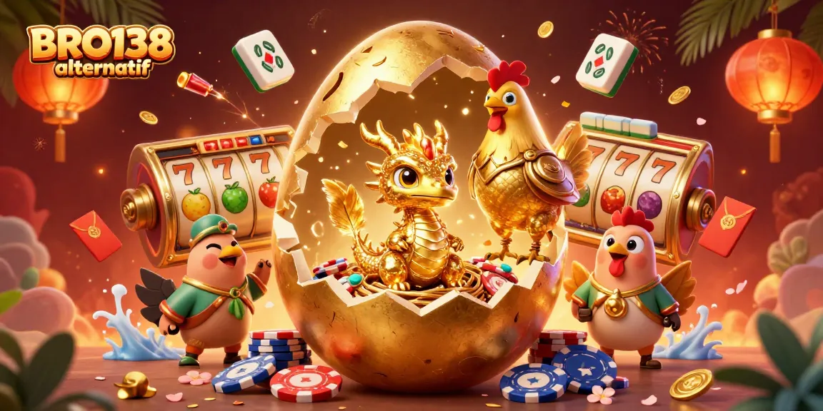 Experience thrilling gameplay with BRO138 alternatif, featuring a golden dragon, poker chips, and vibrant slot reels.