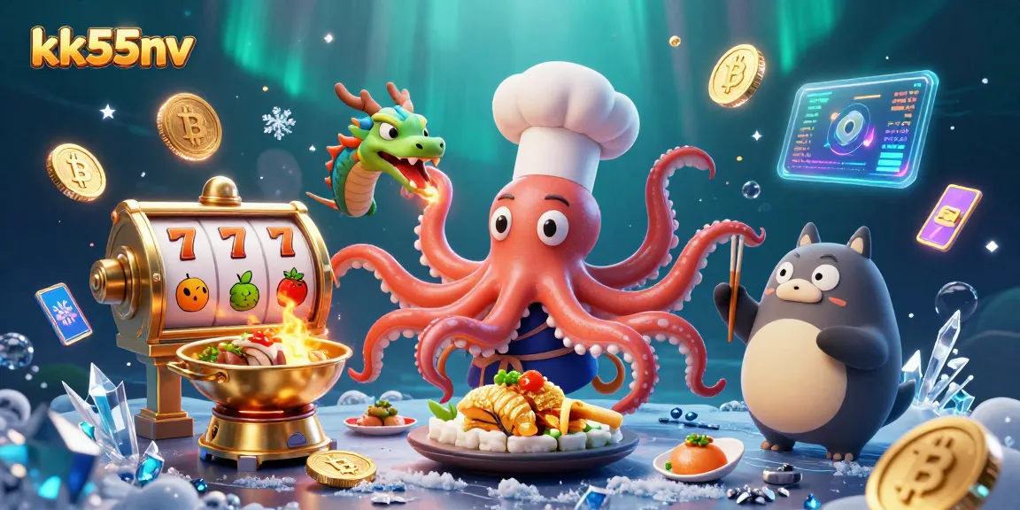 Engage with kk55nv's vibrant casino adventure featuring a cooking octopus and crypto elements.