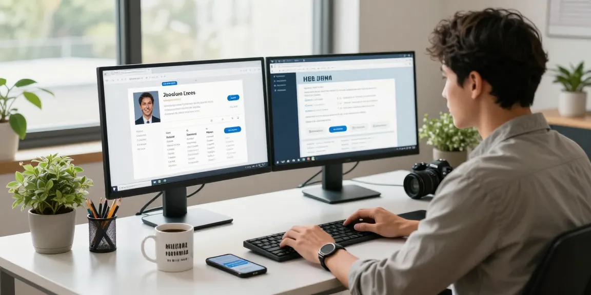 Job alerts displayed on multiple monitors in a bright home office.
