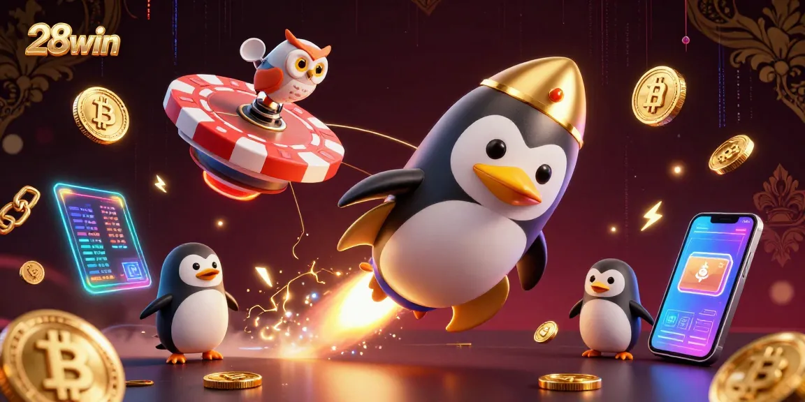 28win engages players with thrilling casino adventures, featuring a golden penguin in space.