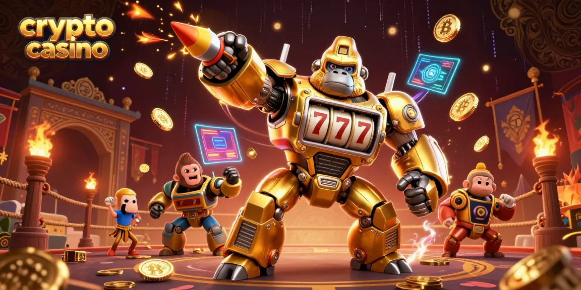 Célébrez l'excitation du crypto casino avec un gorille mech doré et des pièces volantes lors d'une aventure.