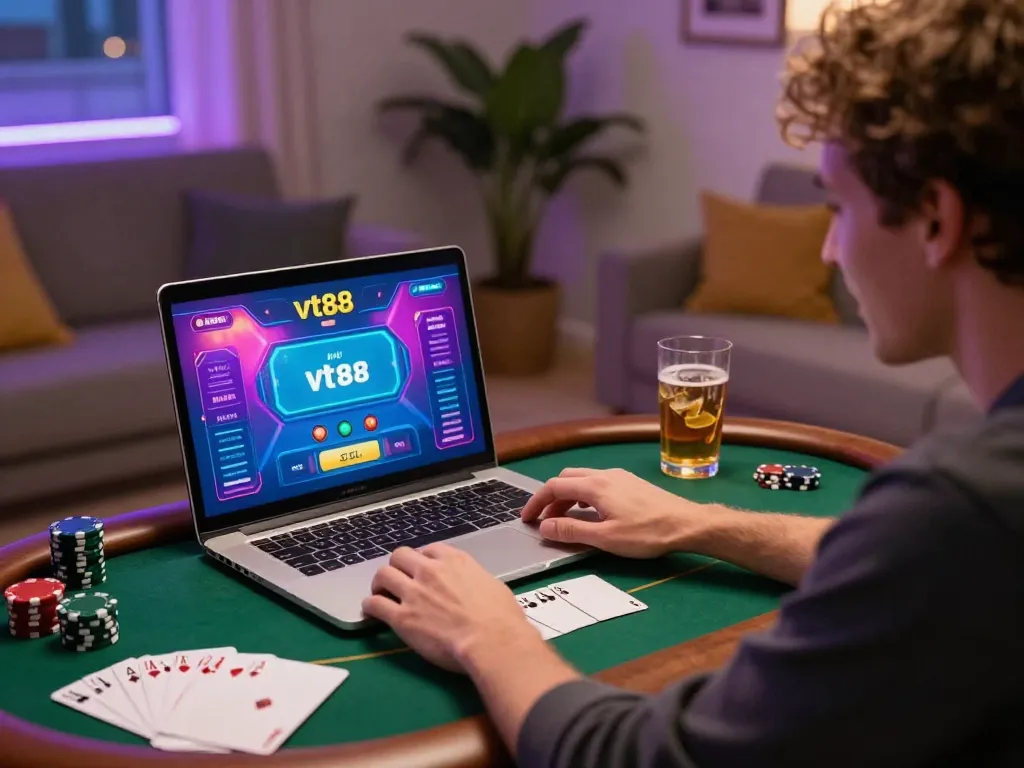Engaging online poker gameplay experience at home with vt88 on laptop and notes.