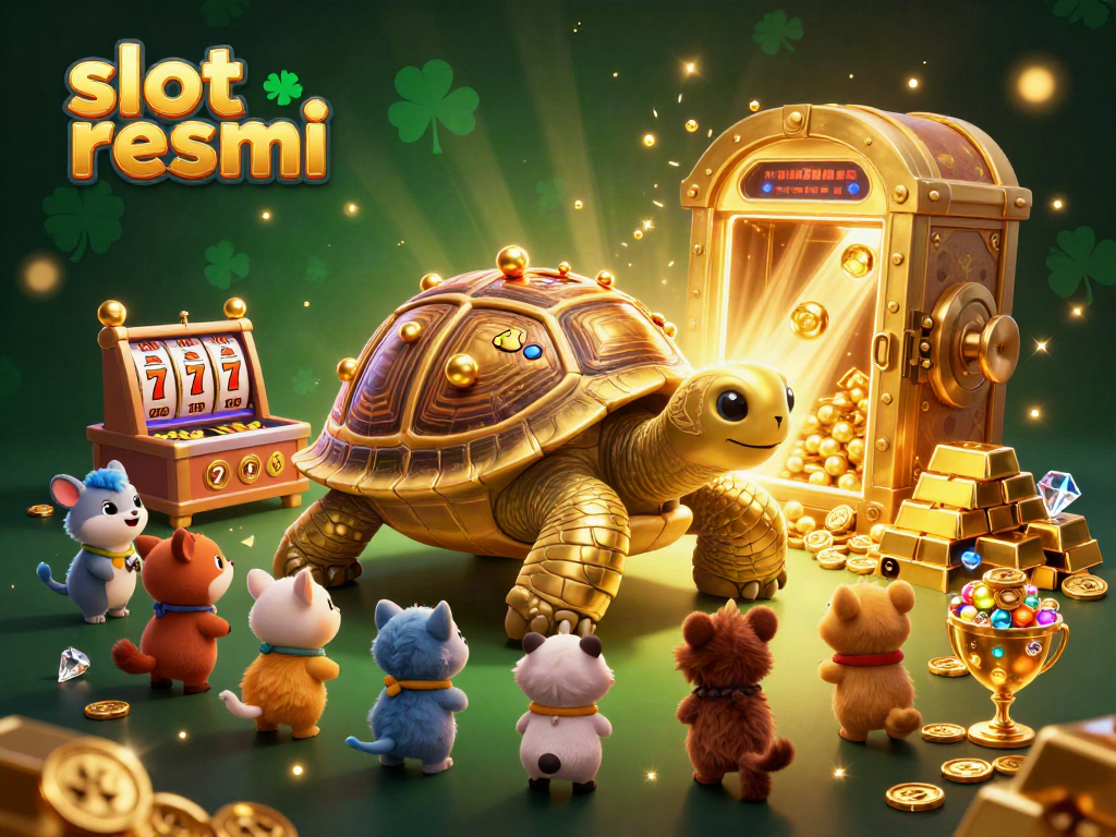 Engage with the vibrant slot resmi scene featuring a colossal golden tortoise as a pinball machine amidst treasures and lucky symbols.