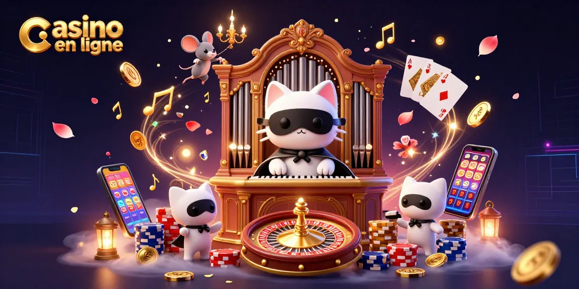 Plongez dans l'univers du casino en ligne avec ce chat mystérieux, des organes de casino et un acrobate en arrière-plan.