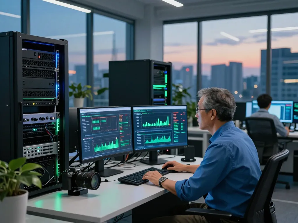 The best cloud mining website showcased in a high-tech facility with a professional analyzing cryptocurrency data amidst powerful servers.