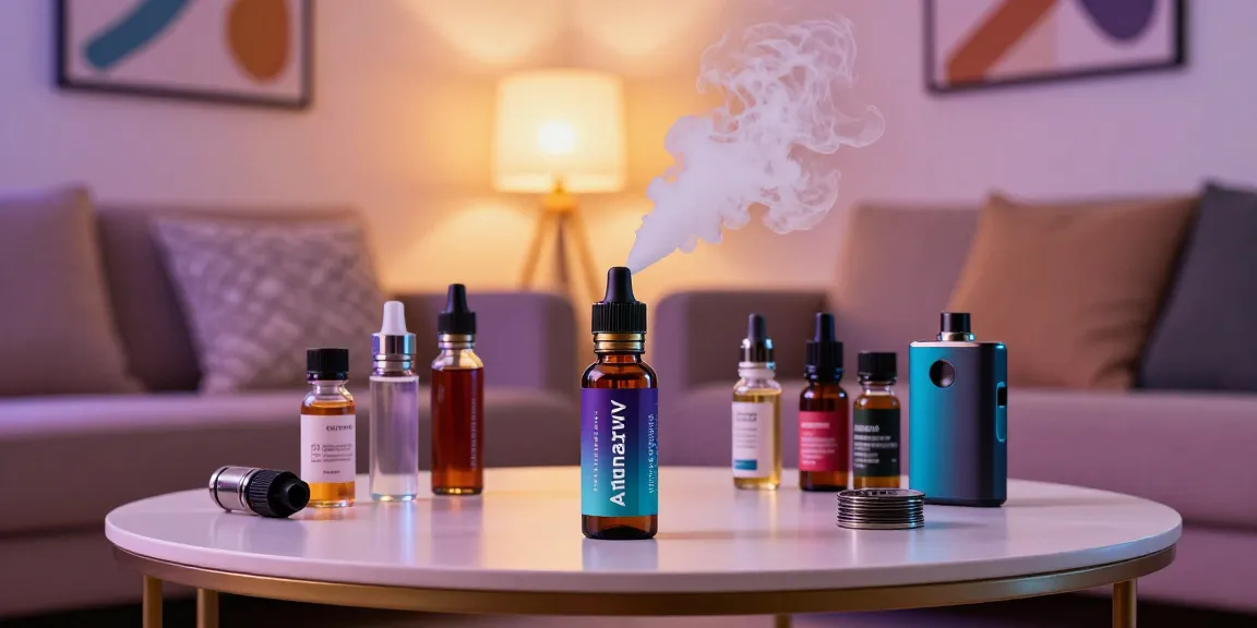Enjoying alternativ ejuice in a stylish home vaping setup with colorful e-liquid bottles.