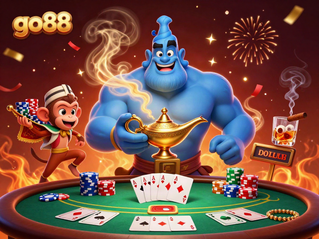 Engage with go88's vibrant casino world featuring dynamic genie, chips, and poker action.