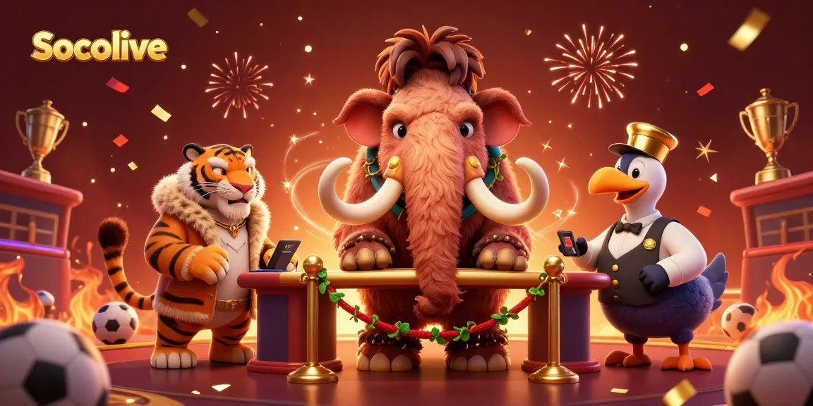 Socolive showcases a dynamic casino scene with a woolly mammoth bouncer, celebrating with sports betting elements.