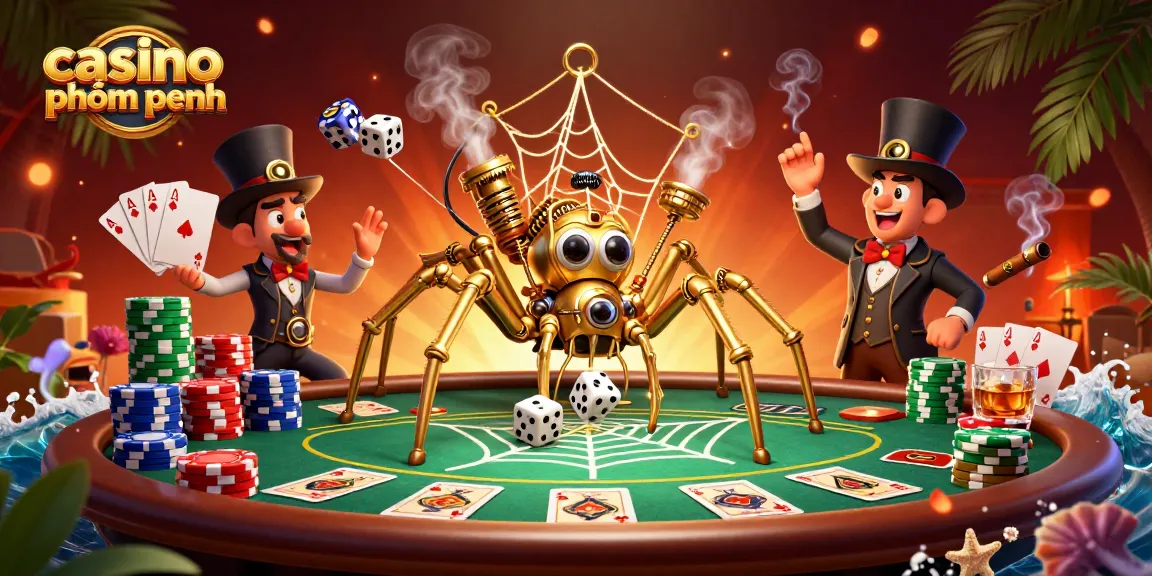 Join the excitement at casino phnom penh with a lively 3D scene featuring poker elements and steampunk flair.