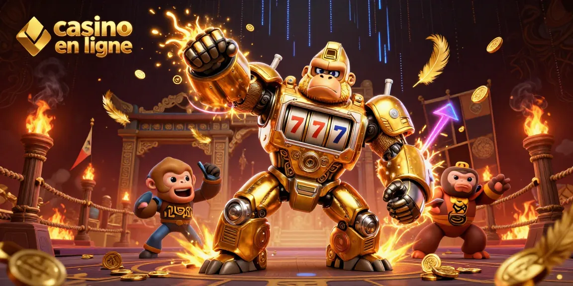Action de jouer au casino en ligne avec un gorille mech et des éléments de jeu captivants.