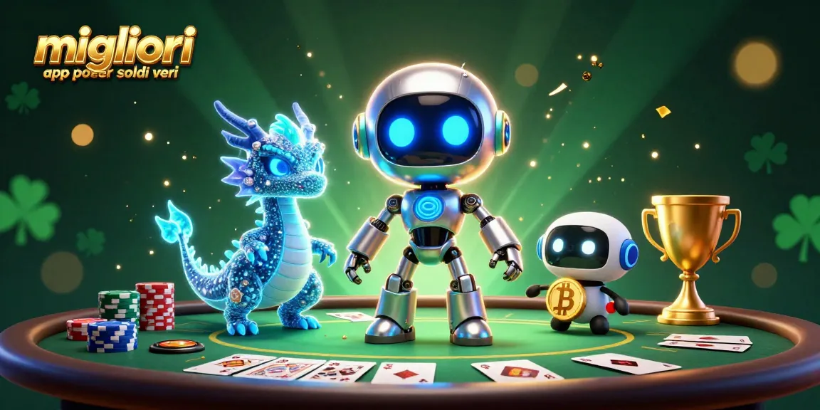Gioca alle migliori app poker soldi veri con un robot cyberpunk, un drago olografico e un drone con simbolo bitcoin.