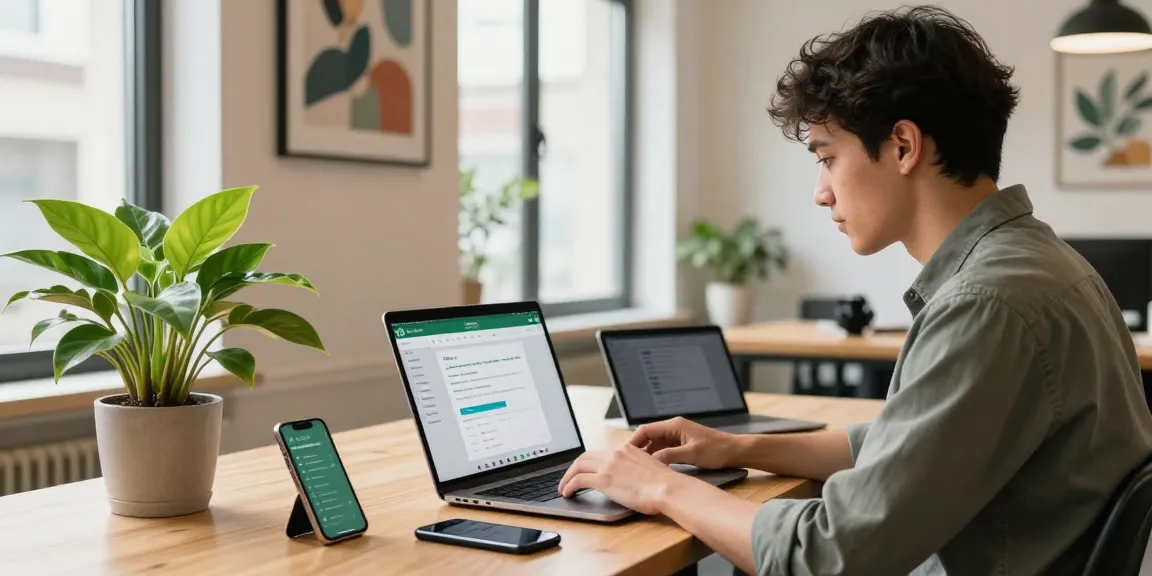 Engaged professional using WhatsApp網頁版 on a laptop in a modern workspace with vibrant decor.