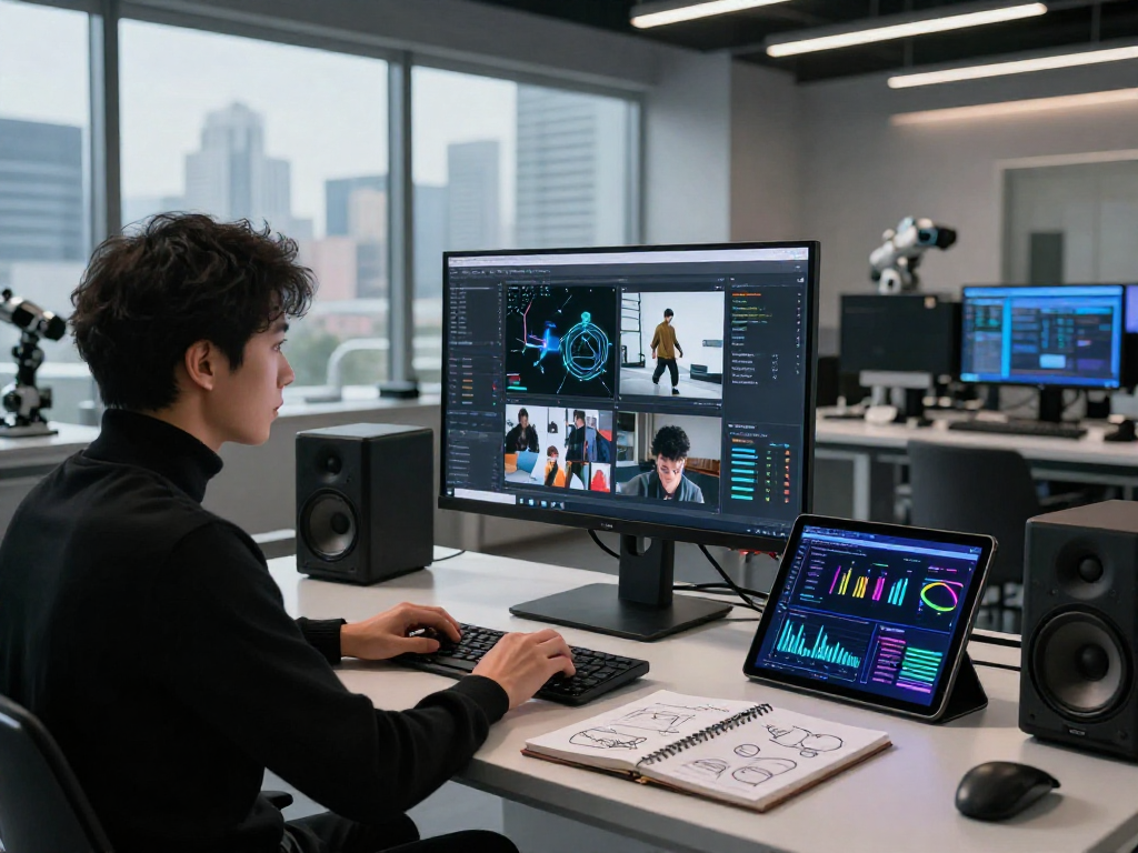 AI detector analysis in a modern lab with images being evaluated for safety and moderation.