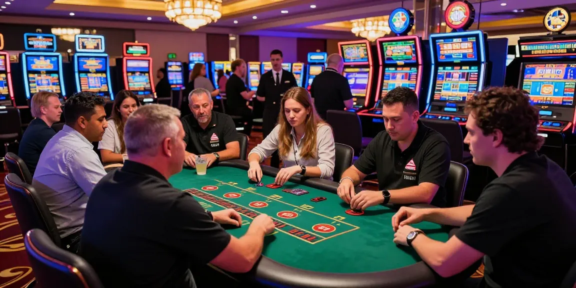Aufregende Szene in einem Paysafe Card Casino mit verschiedenen Spielern an einem Blackjack-Tisch, lebendiger Atmosphäre und dynamischer Beleuchtung.