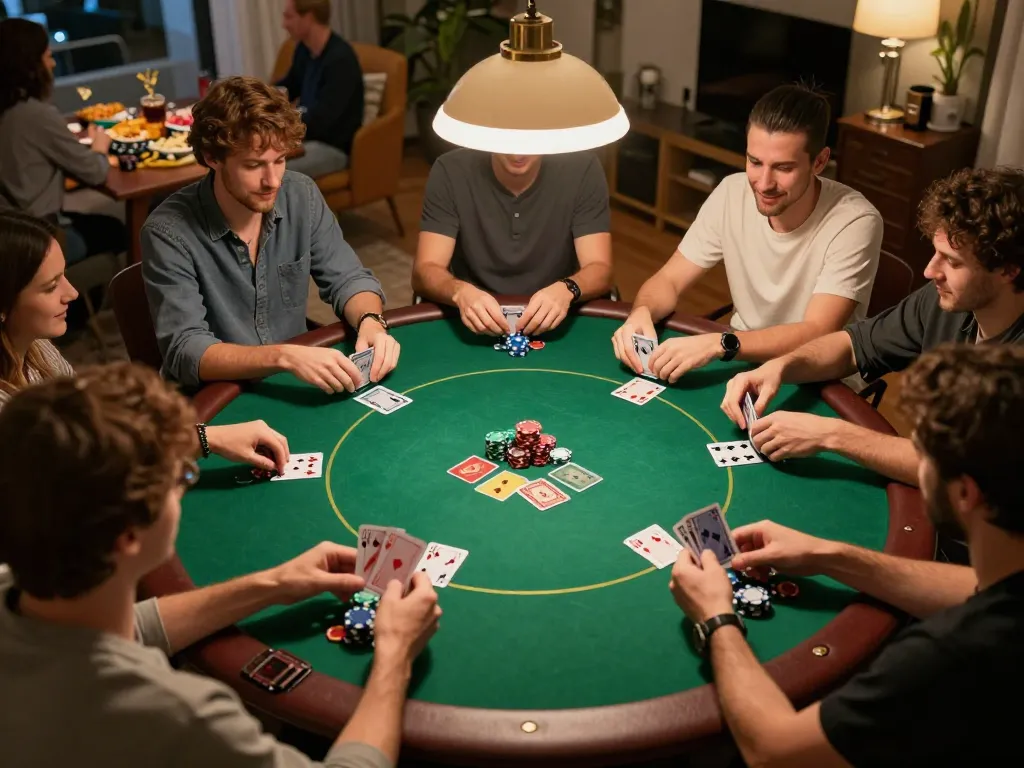Home poker night showcasing a lively game experience with friends using 包网 for online gameplay.