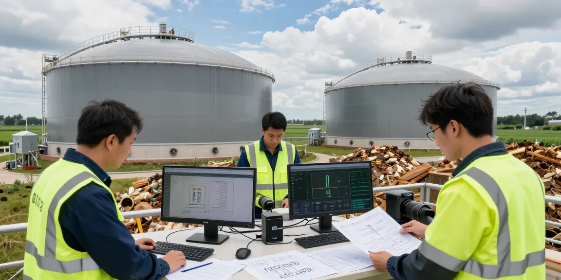 Biogas facility showcasing renewable energy processes with engineers and modern technology.