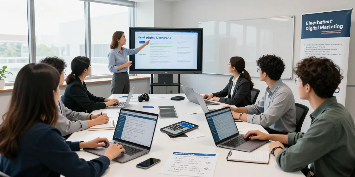 AI-powered digital marketing training in a modern classroom with diverse students engaging in learning.