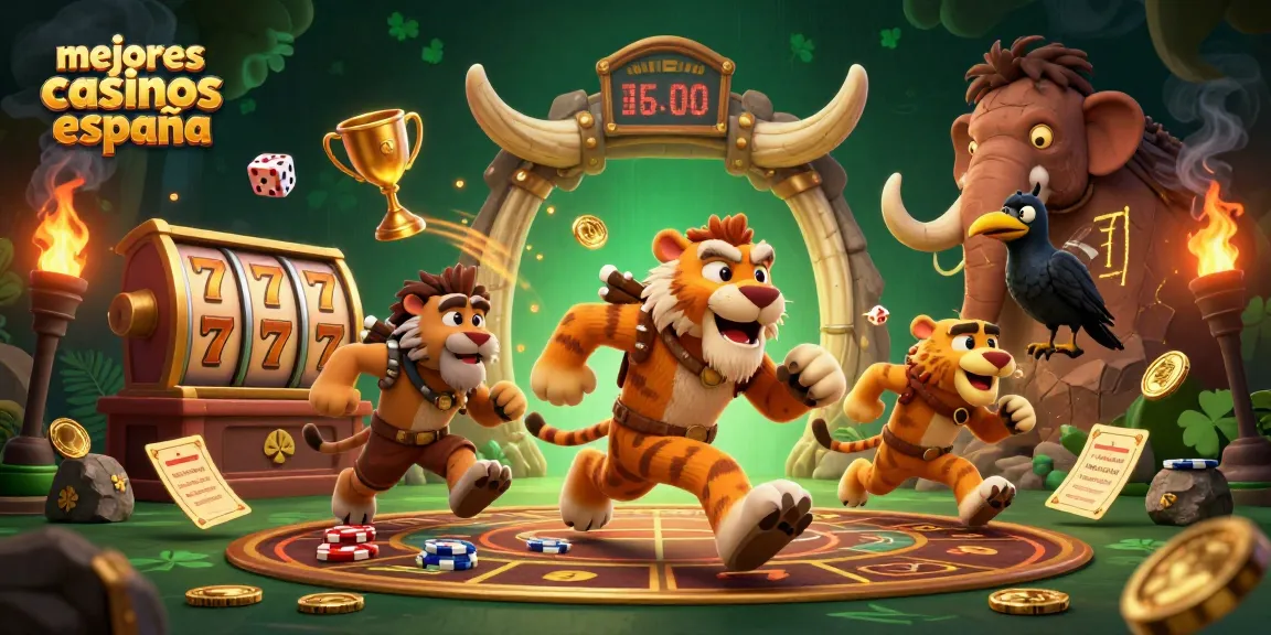 Descubre los mejores casinos en España con la divertida dupla de un cavernícola y un tigre dientes de sable jugando a las tragaperras.