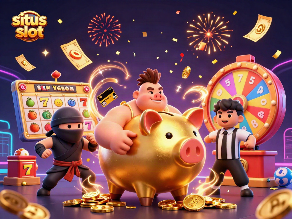 Spin and win with situs slot featuring a golden piggy bank sumo wrestler and vibrant game elements.