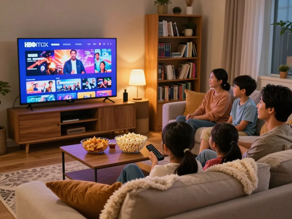 Watch family enjoying HBO Max Right in a cozy living room.