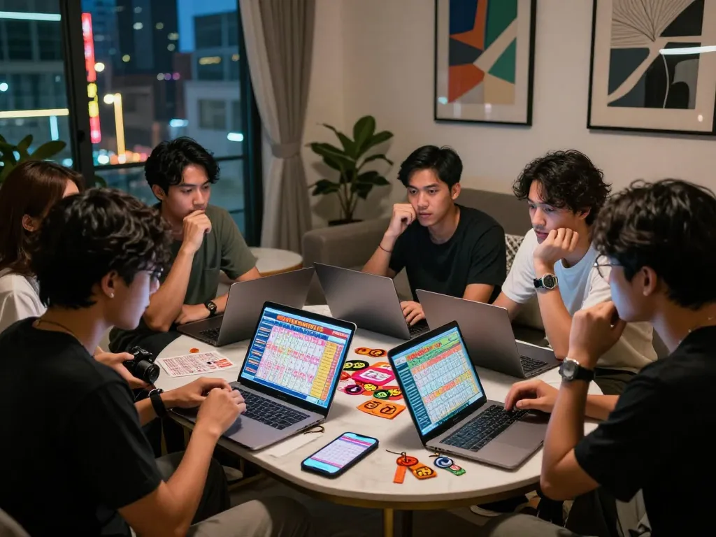 Thrilling moment as friends celebrate Togel Hongkong results around laptops, capturing excitement and community vibes.
