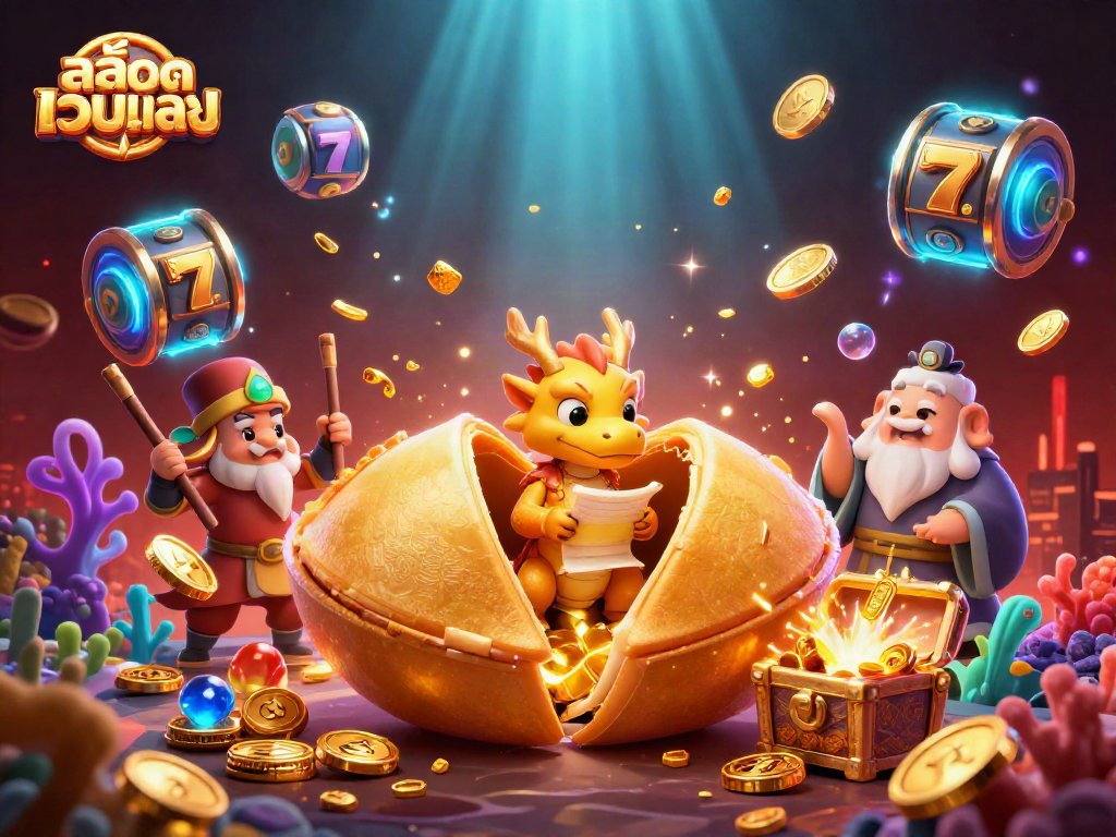 Experience สล็อตเว็บตรง thrills with a vibrant 3D casino illustration featuring fortune cookies and dynamic slot elements.