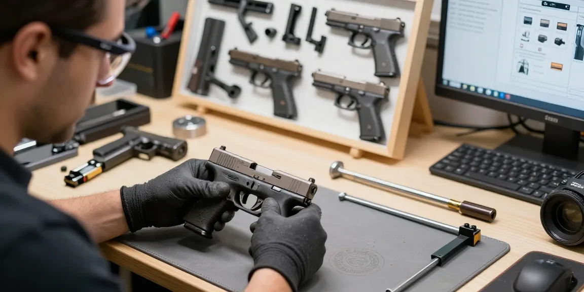 Expert gunsmith customizing Glock slide at https://precisionglockslides.com in a precision tool workshop.
