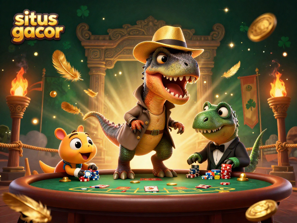 Experience excitement at situs slot gacor with a dinosaur-themed casino heist scene full of action and fun.