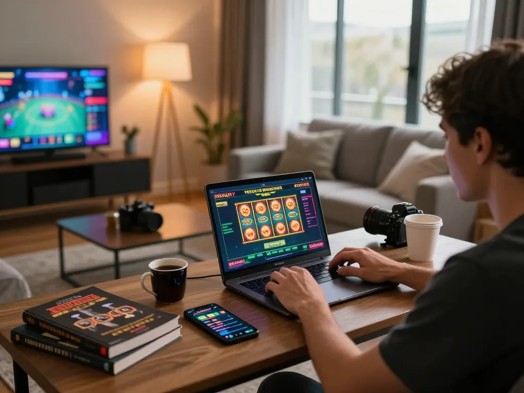 Player enjoying online gaming on a laptop, showcasing sites not on gamstop with exciting gameplay.