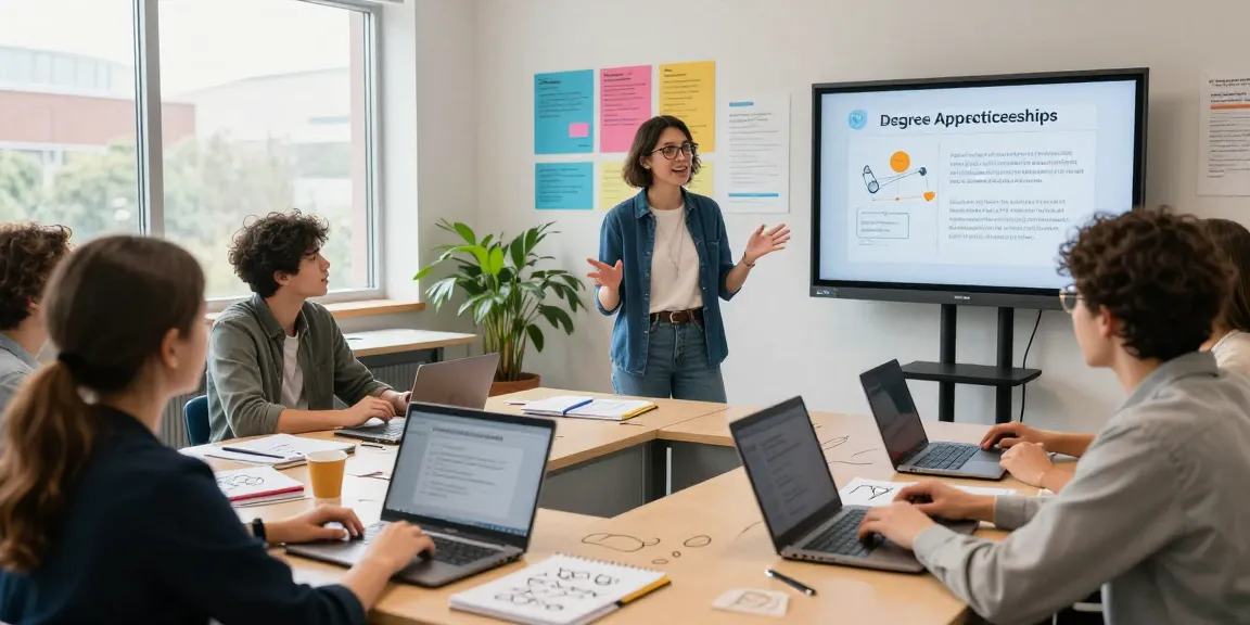 Participants discussing degree apprenticeships during an interactive educational workshop in a bright modern classroom.