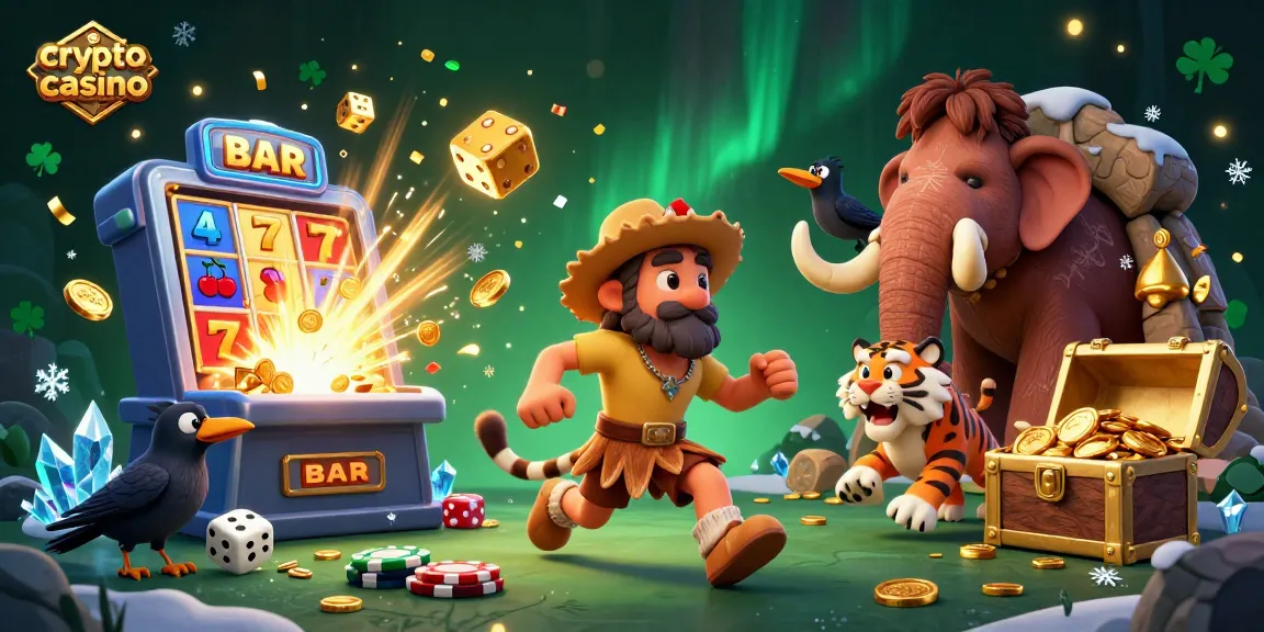 Casino crypto animé avec l'homme des cavernes et un tigre à dents de sabre jouant aux dés dans une scène vibrante.
