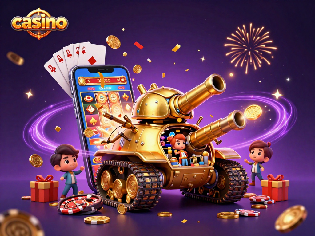 Experience a lively casino built inside a golden beetle tank bursting with colorful slot games and confetti.