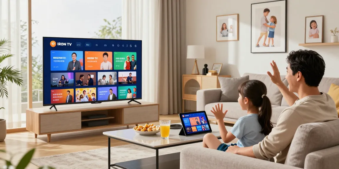Family enjoying Iron TV IPTV service in a cozy living room with a Smart TV.