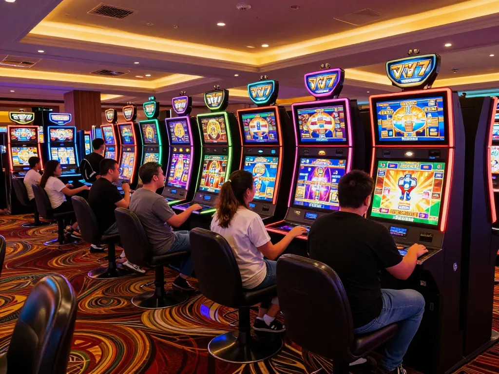 Engaged players trying their luck on slot77 machines in a vibrant casino environment